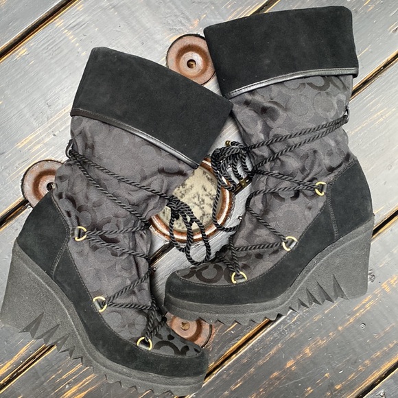 Coach black monogram jacquard Maisy rope tie lace up wedge winter boots Size 8 - Picture 3 of 16